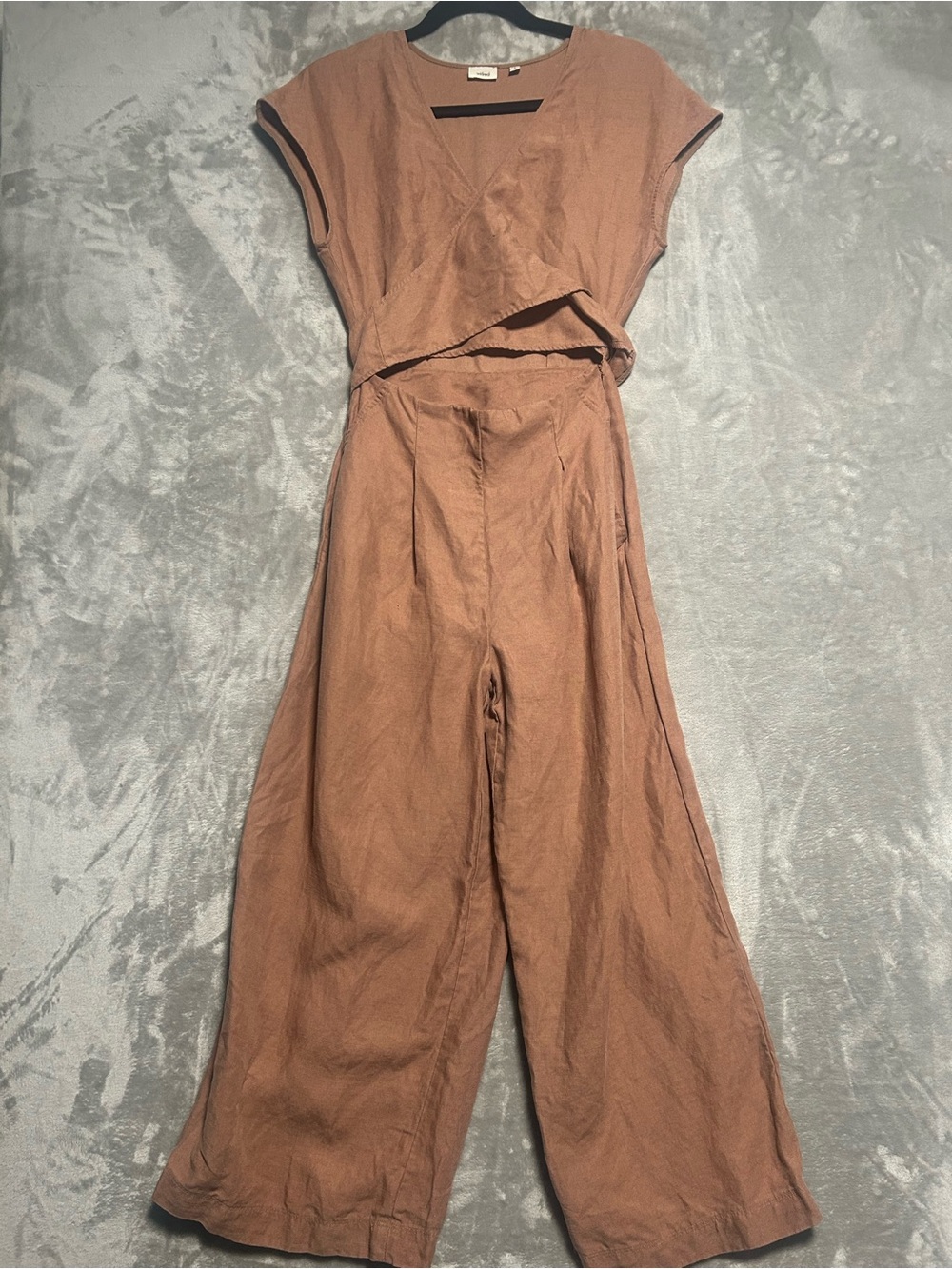 Wilfred Brax Jumpsuit Women’s 2 Linen Blend Tie Crossover Wrap Top Brown Pockets
